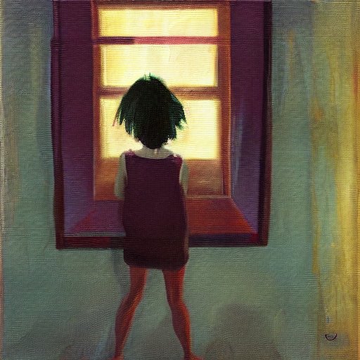 AI generated image of Klara looking outside a window.